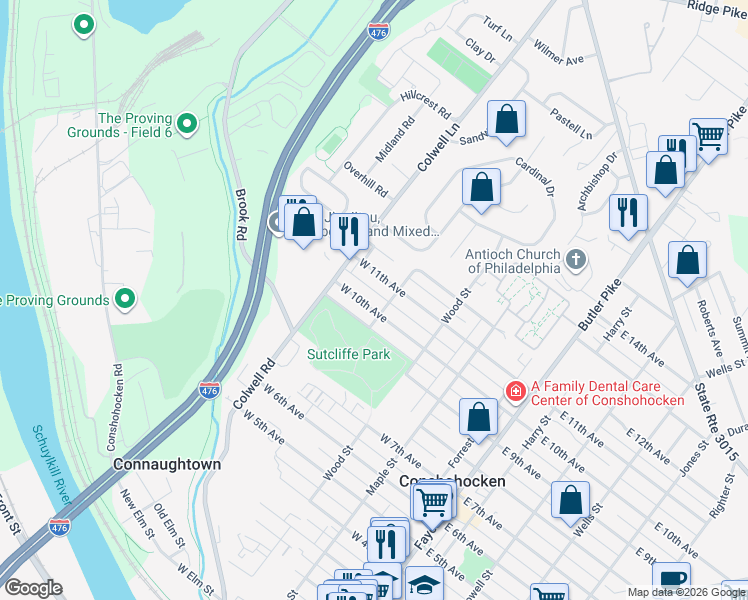 map of restaurants, bars, coffee shops, grocery stores, and more near 341 West 10th Avenue in Conshohocken