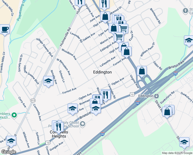 map of restaurants, bars, coffee shops, grocery stores, and more near 2647 Forrest Avenue in Eddington