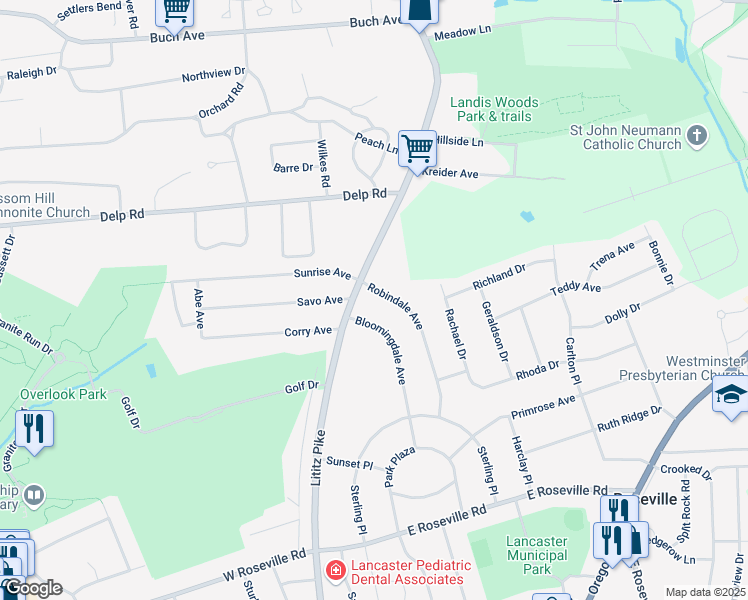 map of restaurants, bars, coffee shops, grocery stores, and more near 2029 Bloomingdale Avenue in Lancaster