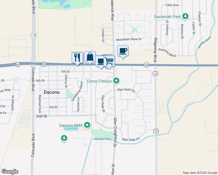 map of restaurants, bars, coffee shops, grocery stores, and more near 832 Glen Barr Street in Dacono
