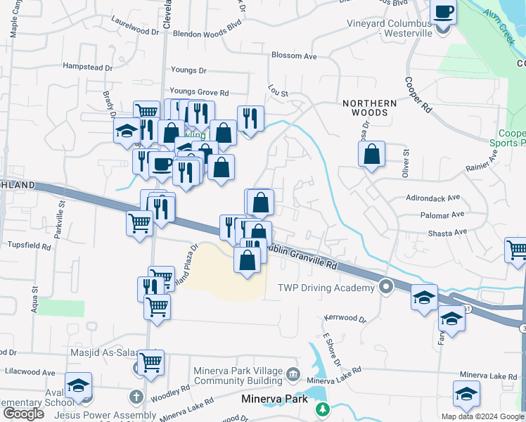 map of restaurants, bars, coffee shops, grocery stores, and more near 5546 Altos Court in Columbus