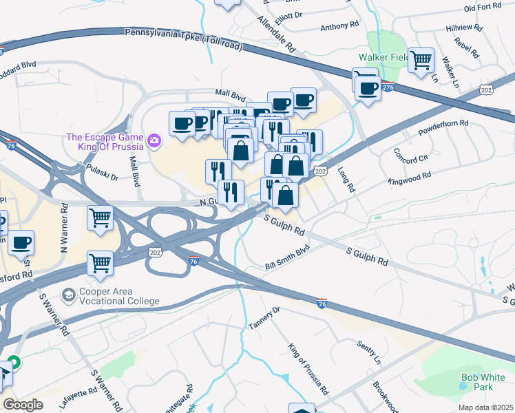 map of restaurants, bars, coffee shops, grocery stores, and more near 60 North Gulph Road in King of Prussia