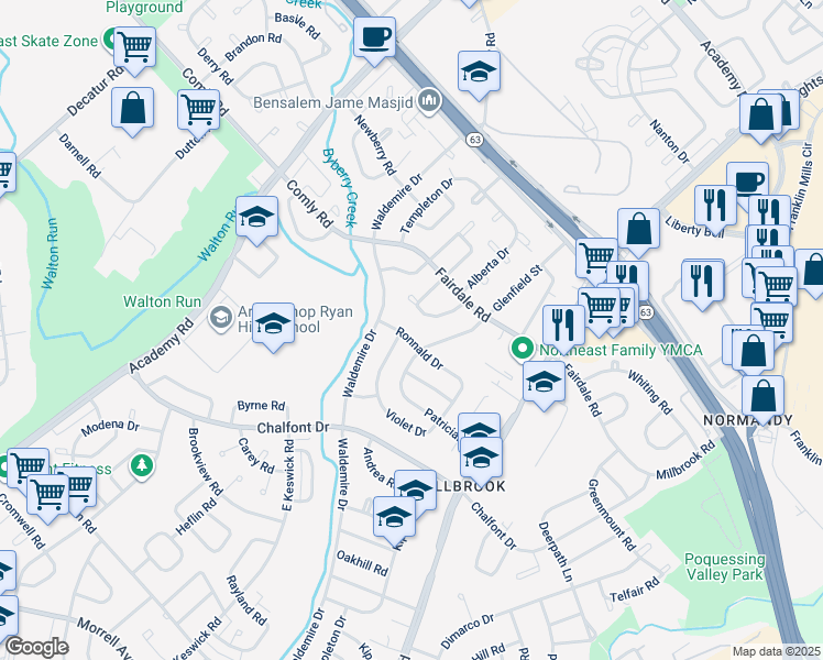 map of restaurants, bars, coffee shops, grocery stores, and more near 3723 Ronnald Drive in Philadelphia
