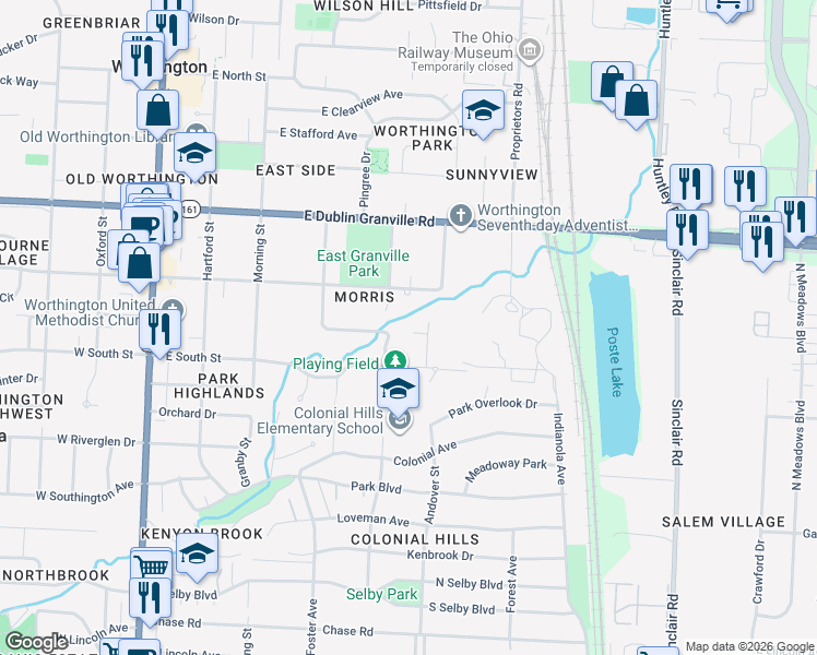 map of restaurants, bars, coffee shops, grocery stores, and more near 303 East New England Avenue in Worthington