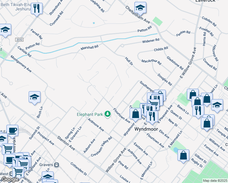 map of restaurants, bars, coffee shops, grocery stores, and more near 809 Elliston Drive in Wyndmoor