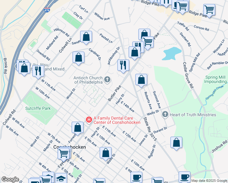 map of restaurants, bars, coffee shops, grocery stores, and more near 1408 Butler Pike in Conshohocken