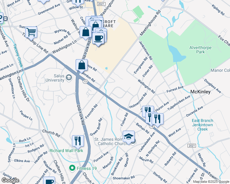 map of restaurants, bars, coffee shops, grocery stores, and more near 134 Cardinal Road in Jenkintown