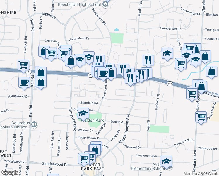 map of restaurants, bars, coffee shops, grocery stores, and more near 2015 East Dublin Granville Road in Columbus