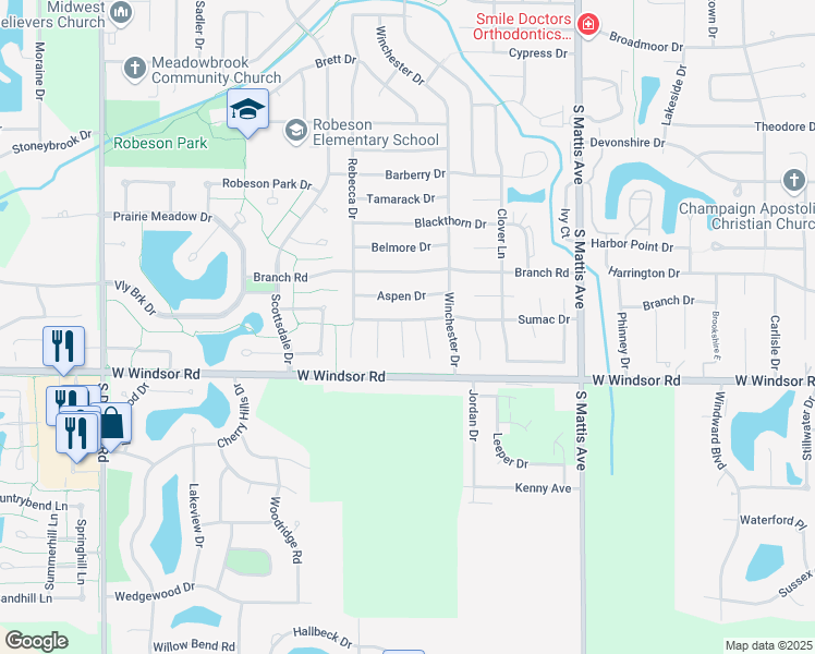 map of restaurants, bars, coffee shops, grocery stores, and more near 2207 Aspen Drive in Champaign