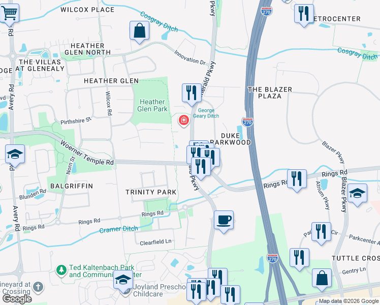 map of restaurants, bars, coffee shops, grocery stores, and more near 6315 Emerald Parkway in Dublin