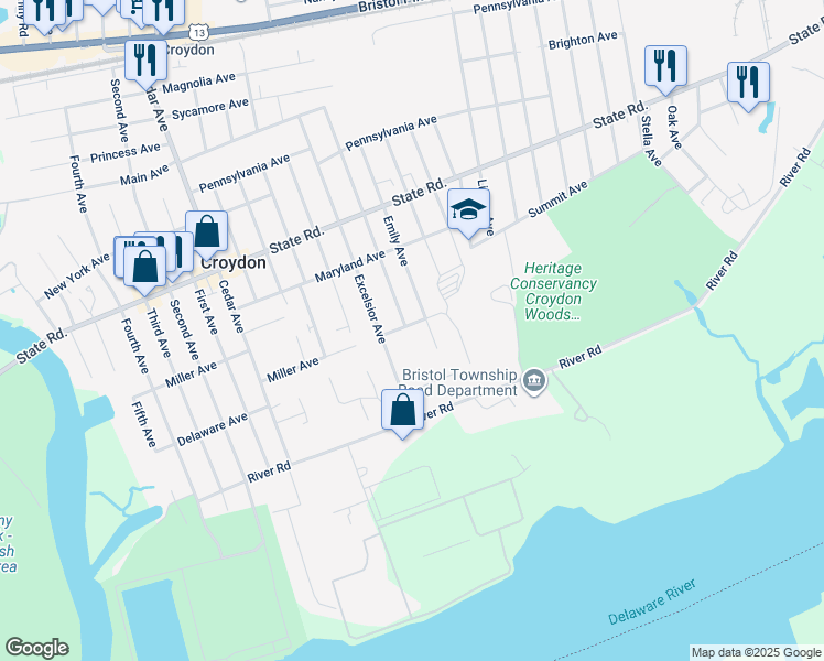 map of restaurants, bars, coffee shops, grocery stores, and more near 1402 Miller Avenue in Croydon