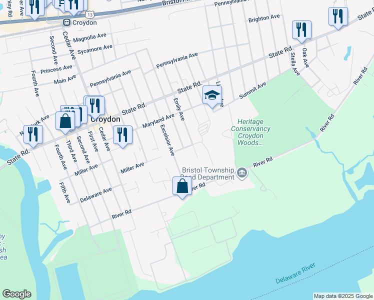 map of restaurants, bars, coffee shops, grocery stores, and more near 1402 Miller Avenue in Croydon