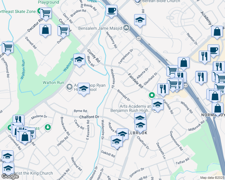 map of restaurants, bars, coffee shops, grocery stores, and more near 11211 Waldemire Drive in Philadelphia