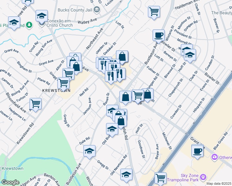map of restaurants, bars, coffee shops, grocery stores, and more near 1689 Grant Avenue in Philadelphia