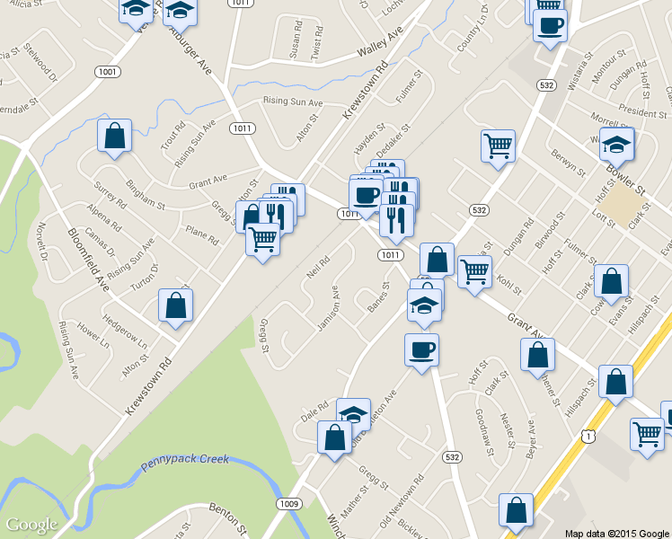 map of restaurants, bars, coffee shops, grocery stores, and more near 9367 Neil Road in Philadelphia