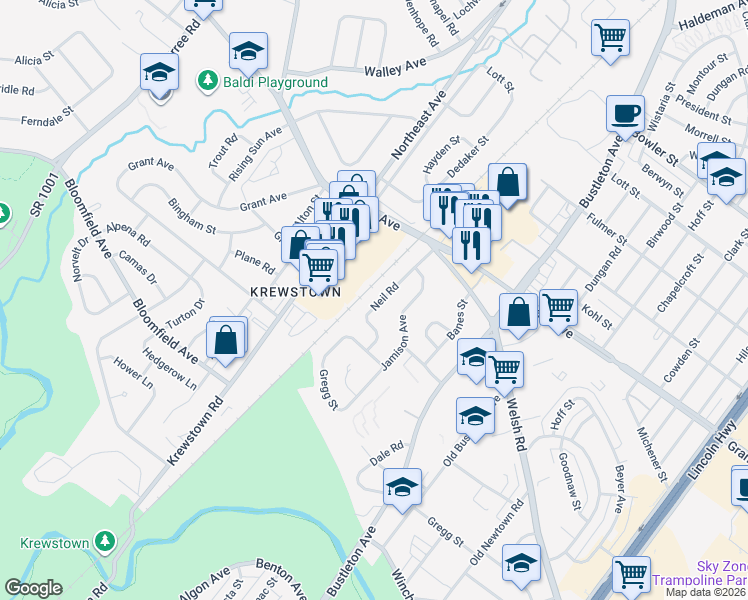 map of restaurants, bars, coffee shops, grocery stores, and more near 9348 Neil Road in Philadelphia