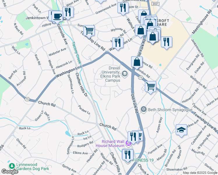 map of restaurants, bars, coffee shops, grocery stores, and more near 303 Ironwood Circle in Elkins Park
