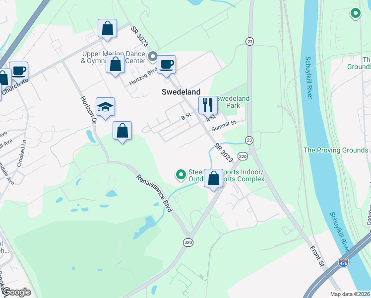 map of restaurants, bars, coffee shops, grocery stores, and more near 580 Summit Street in Norristown