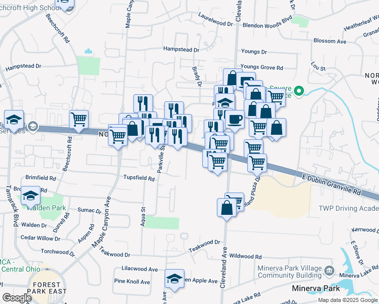 map of restaurants, bars, coffee shops, grocery stores, and more near 2400 East Dublin Granville Road in Columbus