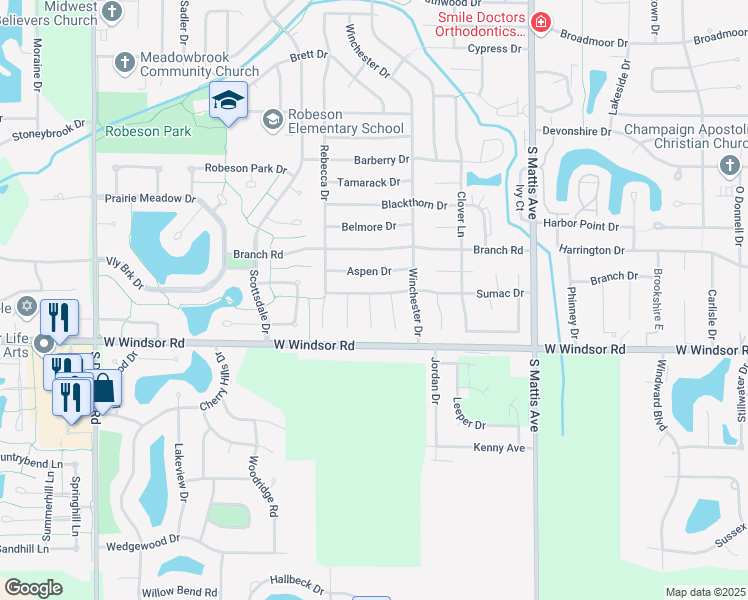 map of restaurants, bars, coffee shops, grocery stores, and more near 2207 Aspen Drive in Champaign