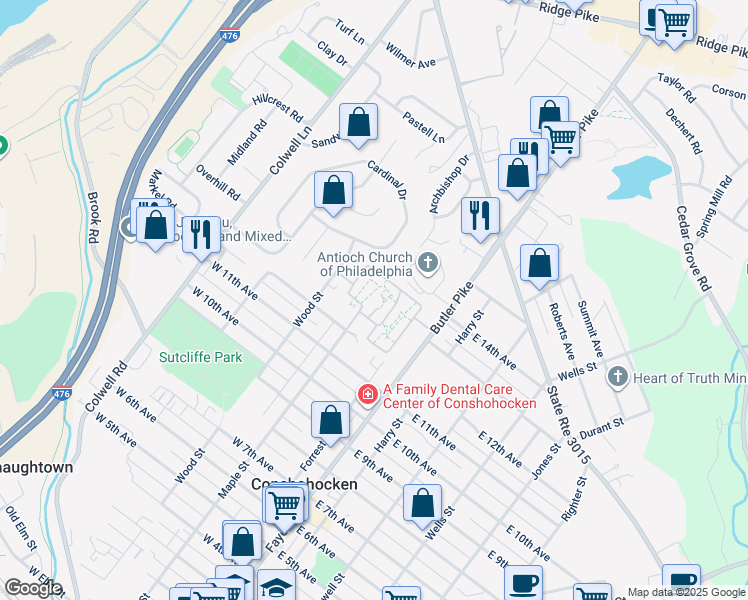 map of restaurants, bars, coffee shops, grocery stores, and more near 1300 Fayette Street in Conshohocken
