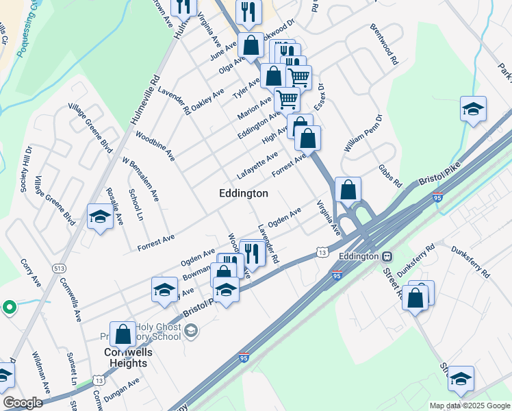 map of restaurants, bars, coffee shops, grocery stores, and more near 1263 Lavender Road in Eddington