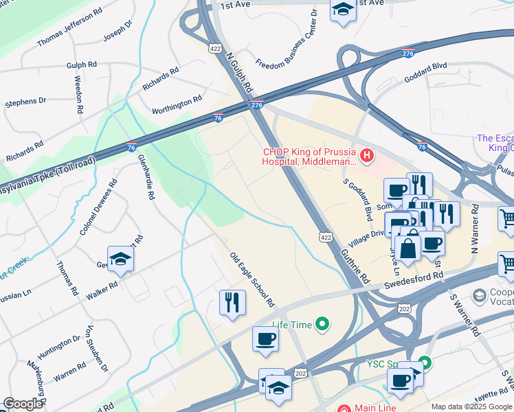 map of restaurants, bars, coffee shops, grocery stores, and more near Drummers Lane in Wayne