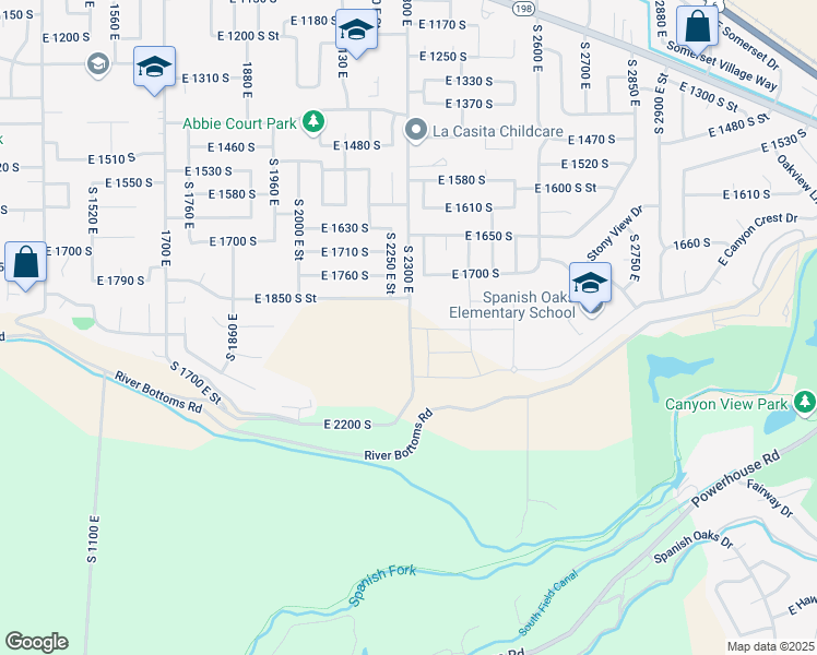 map of restaurants, bars, coffee shops, grocery stores, and more near 1850 South 2300 East in Spanish Fork