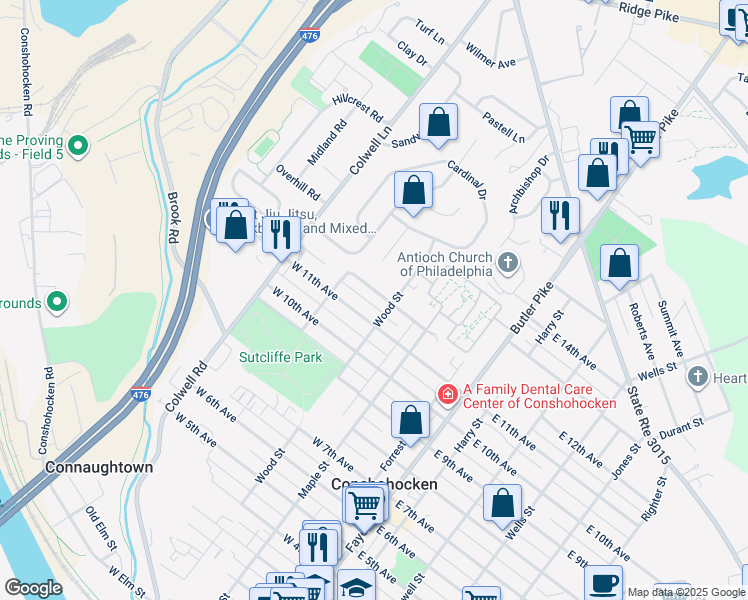 map of restaurants, bars, coffee shops, grocery stores, and more near 317 West 12th Avenue in Conshohocken
