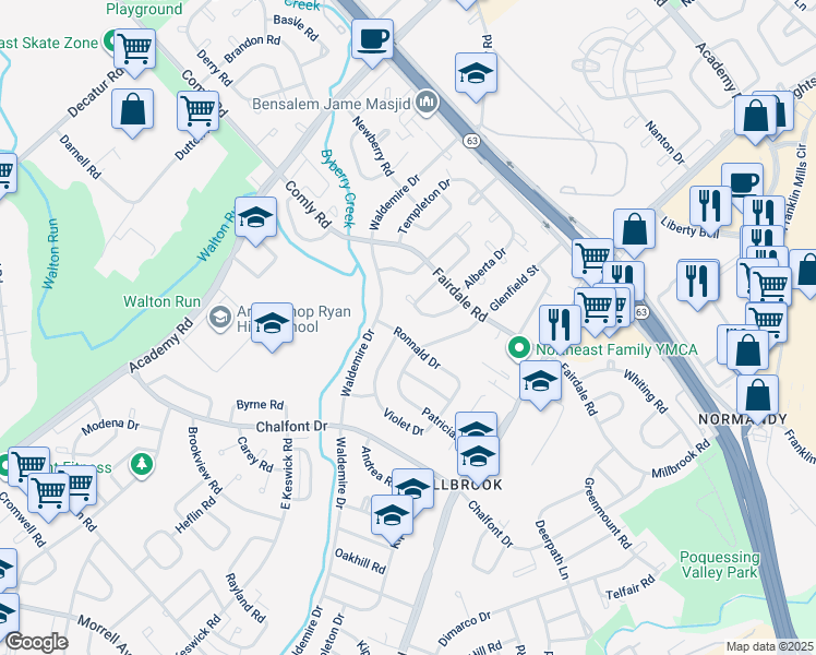 map of restaurants, bars, coffee shops, grocery stores, and more near 3723 Ronnald Drive in Philadelphia