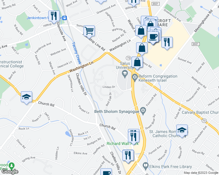 map of restaurants, bars, coffee shops, grocery stores, and more near 100 Breyer Drive in Elkins Park