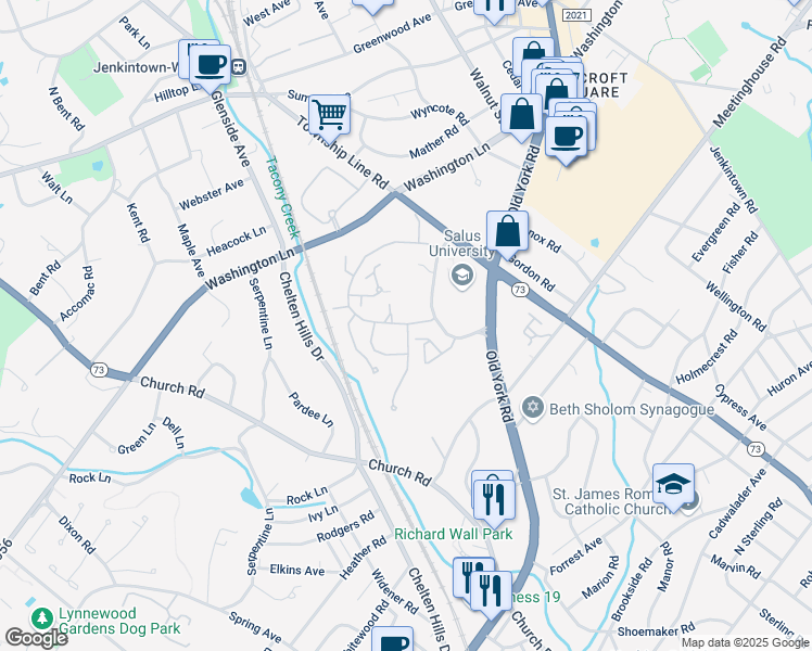 map of restaurants, bars, coffee shops, grocery stores, and more near 100 Breyer Drive in Elkins Park