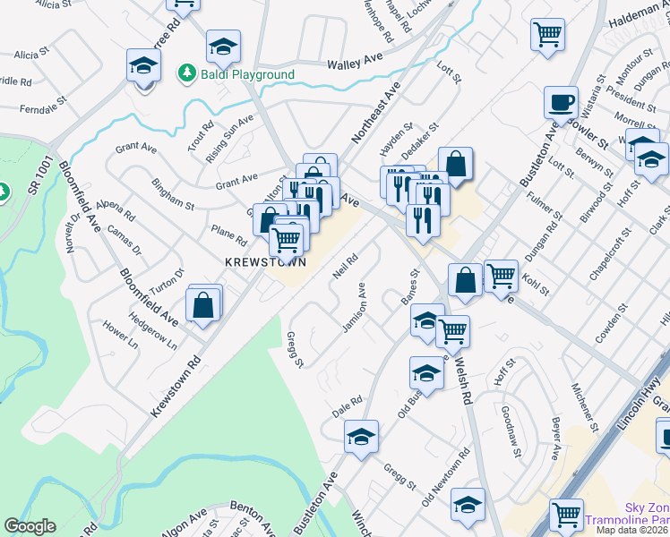 map of restaurants, bars, coffee shops, grocery stores, and more near 9348 Neil Road in Philadelphia