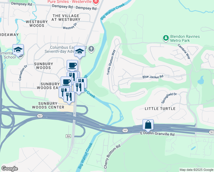 map of restaurants, bars, coffee shops, grocery stores, and more near 5467 Turtle Station Way in Westerville