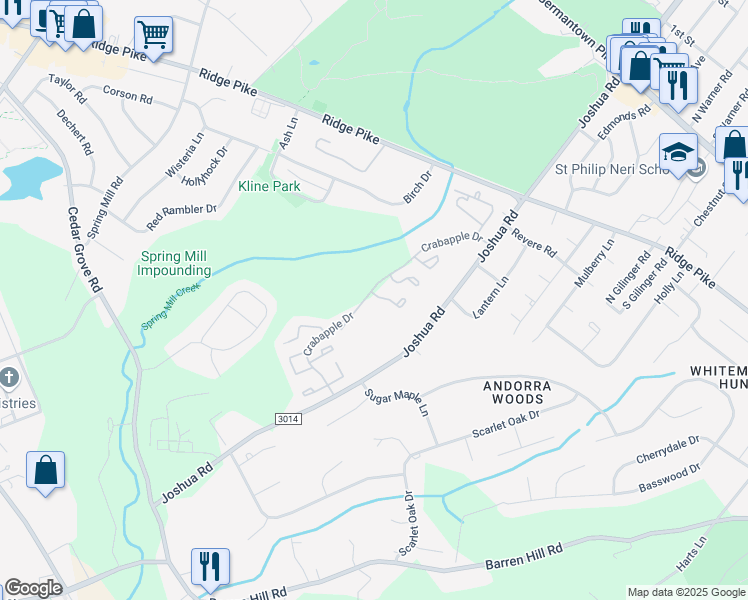 map of restaurants, bars, coffee shops, grocery stores, and more near 2 Cherry Court in Lafayette Hill