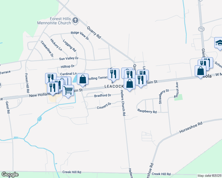 map of restaurants, bars, coffee shops, grocery stores, and more near 292 West Main Street in Leola