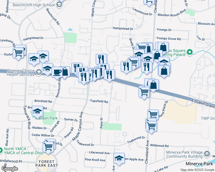 map of restaurants, bars, coffee shops, grocery stores, and more near 2225 East Dublin Granville Road in Columbus