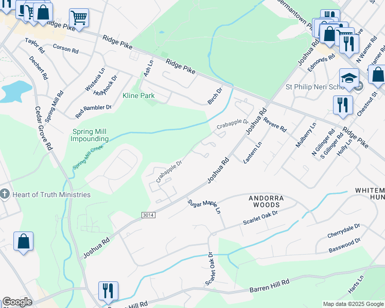 map of restaurants, bars, coffee shops, grocery stores, and more near 2 Cherry Court in Lafayette Hill