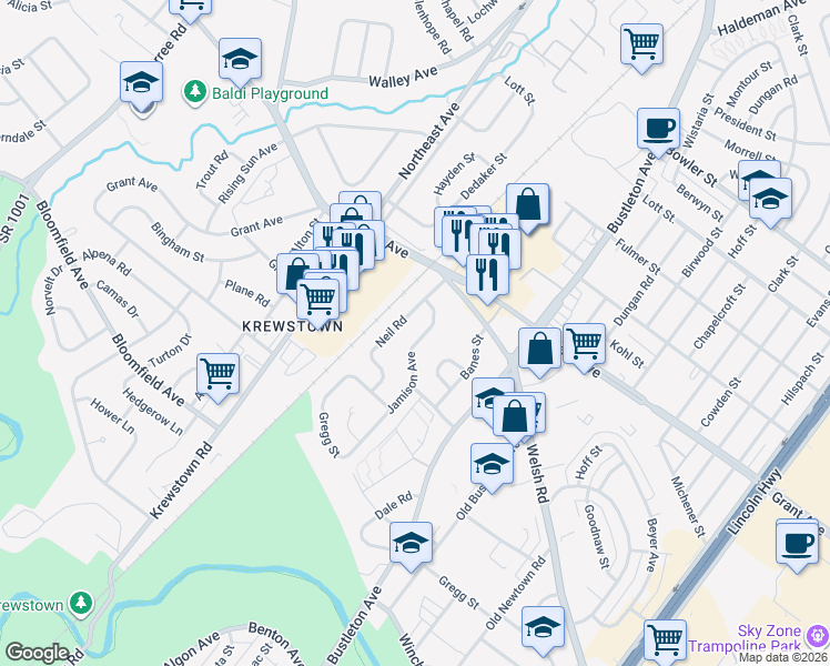 map of restaurants, bars, coffee shops, grocery stores, and more near 9367 Neil Road in Philadelphia