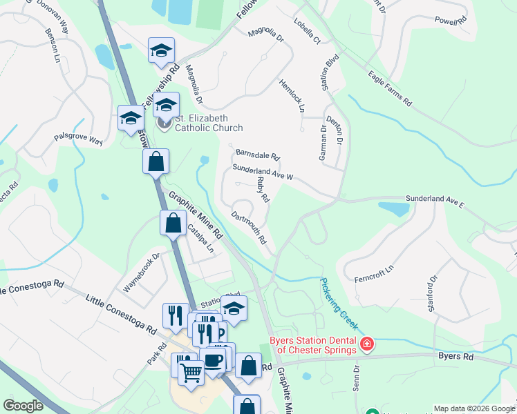 map of restaurants, bars, coffee shops, grocery stores, and more near 503 Bonnie Lane in Chester Springs