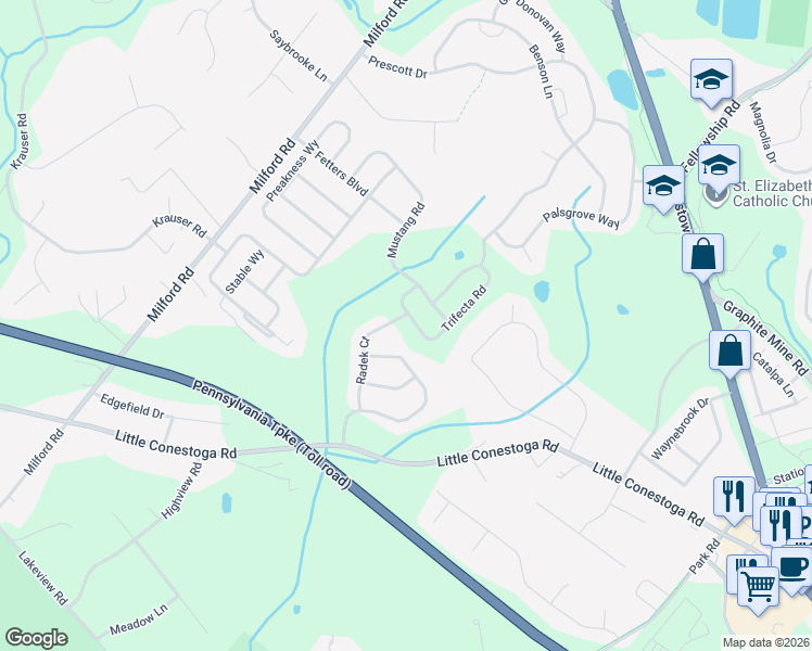 map of restaurants, bars, coffee shops, grocery stores, and more near 125 Radek Court in Downingtown
