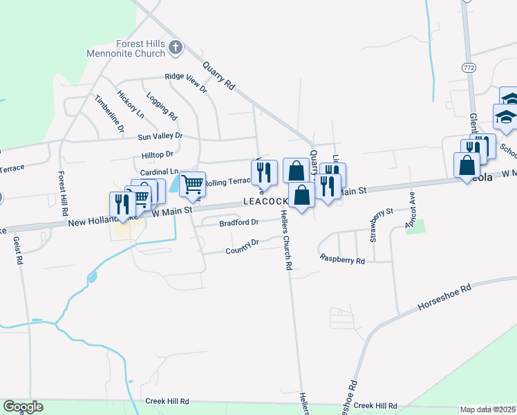 map of restaurants, bars, coffee shops, grocery stores, and more near 292 West Main Street in Leola