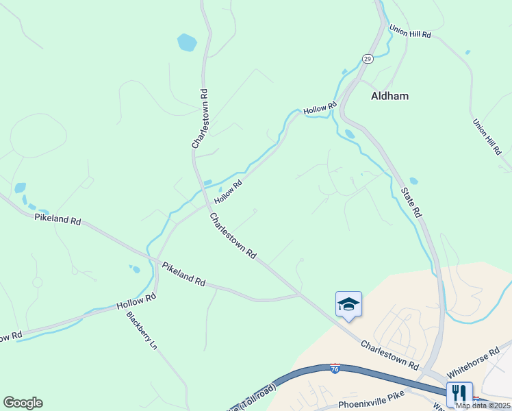 map of restaurants, bars, coffee shops, grocery stores, and more near 2170 Charlestown Road in Malvern