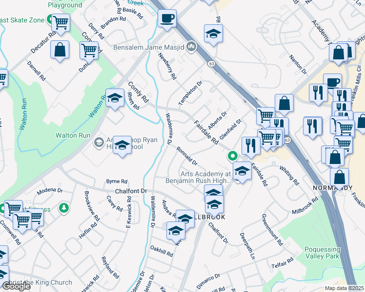 map of restaurants, bars, coffee shops, grocery stores, and more near 11901 Alberta Drive in Philadelphia