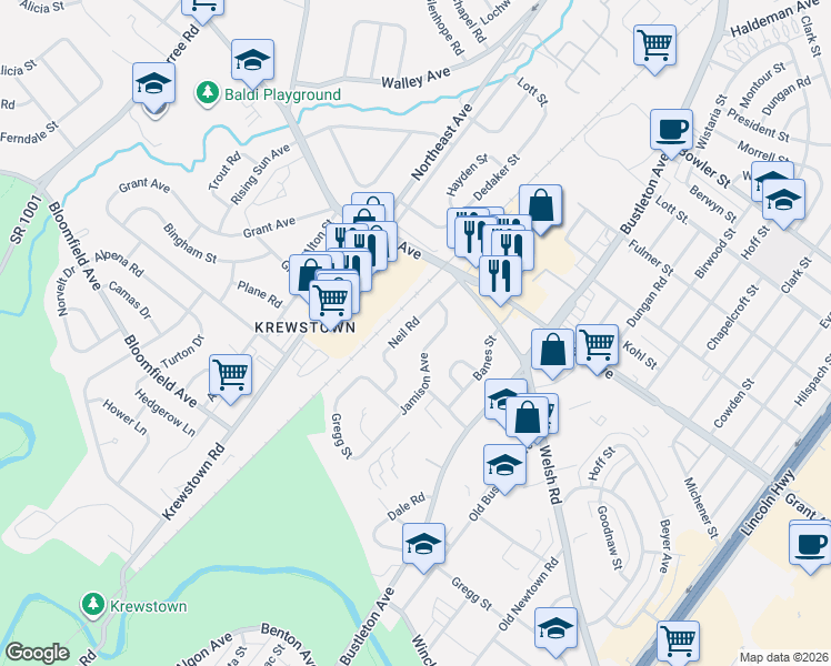 map of restaurants, bars, coffee shops, grocery stores, and more near 9367 Neil Road in Philadelphia