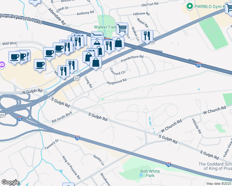 map of restaurants, bars, coffee shops, grocery stores, and more near 573 Kingwood Road in King of Prussia