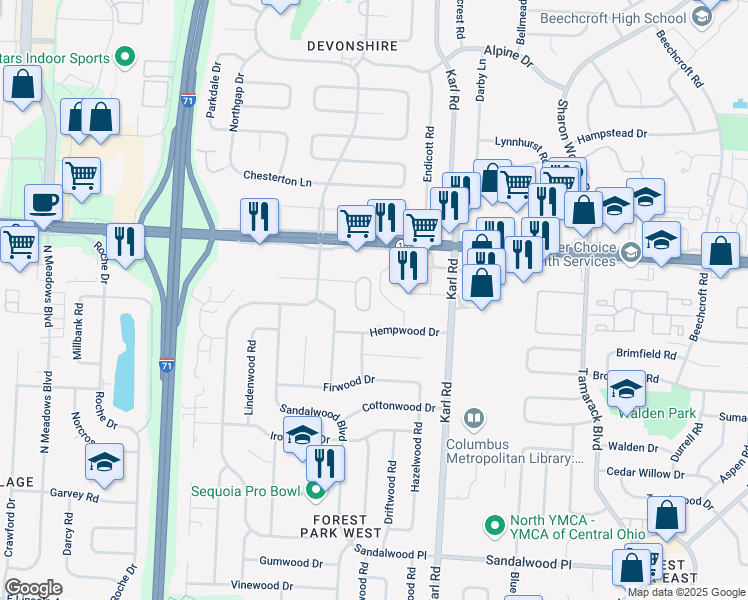 map of restaurants, bars, coffee shops, grocery stores, and more near 5806 Thada Lane in Columbus