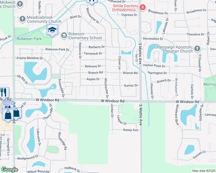 map of restaurants, bars, coffee shops, grocery stores, and more near 2111 Clover Court West in Champaign