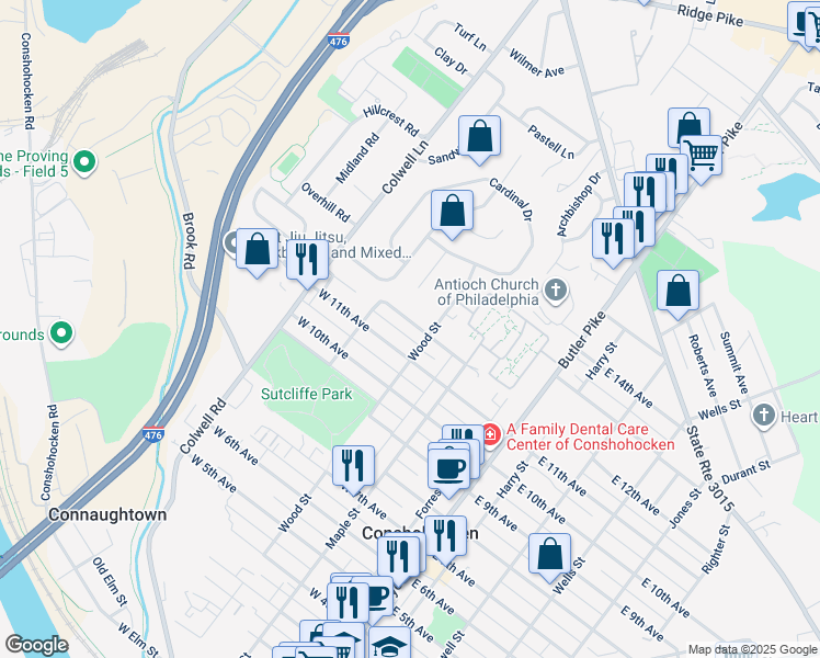 map of restaurants, bars, coffee shops, grocery stores, and more near 317 West 12th Avenue in Conshohocken