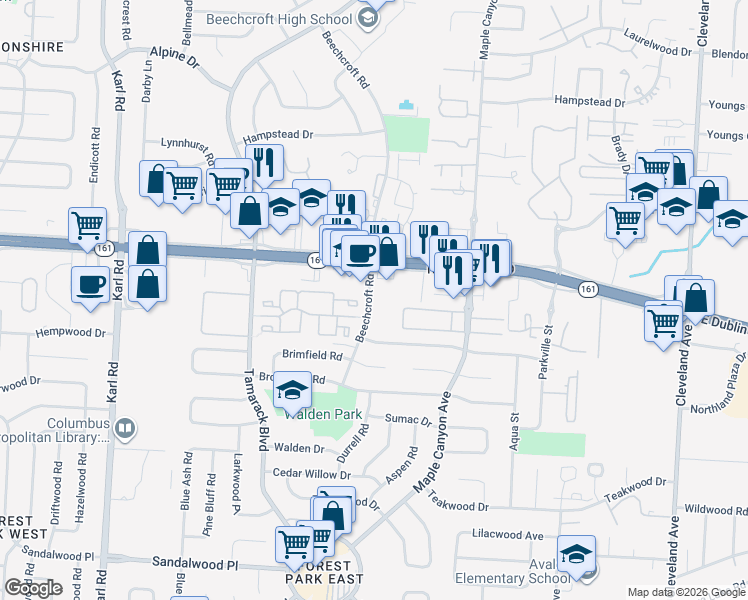 map of restaurants, bars, coffee shops, grocery stores, and more near 1973 East Dublin Granville Road in Columbus
